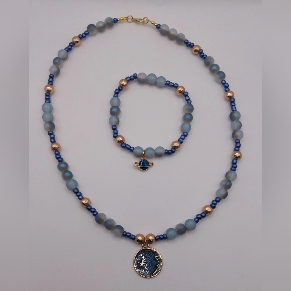 Elegant Blue and Gold Beaded Necklace and Bracelet Set